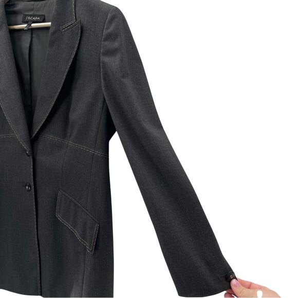 Escada Margaretha Ley Wool Contrast Stitch Denim Look Gray 2 Button Blazer US 12 - Picture 4 of 10